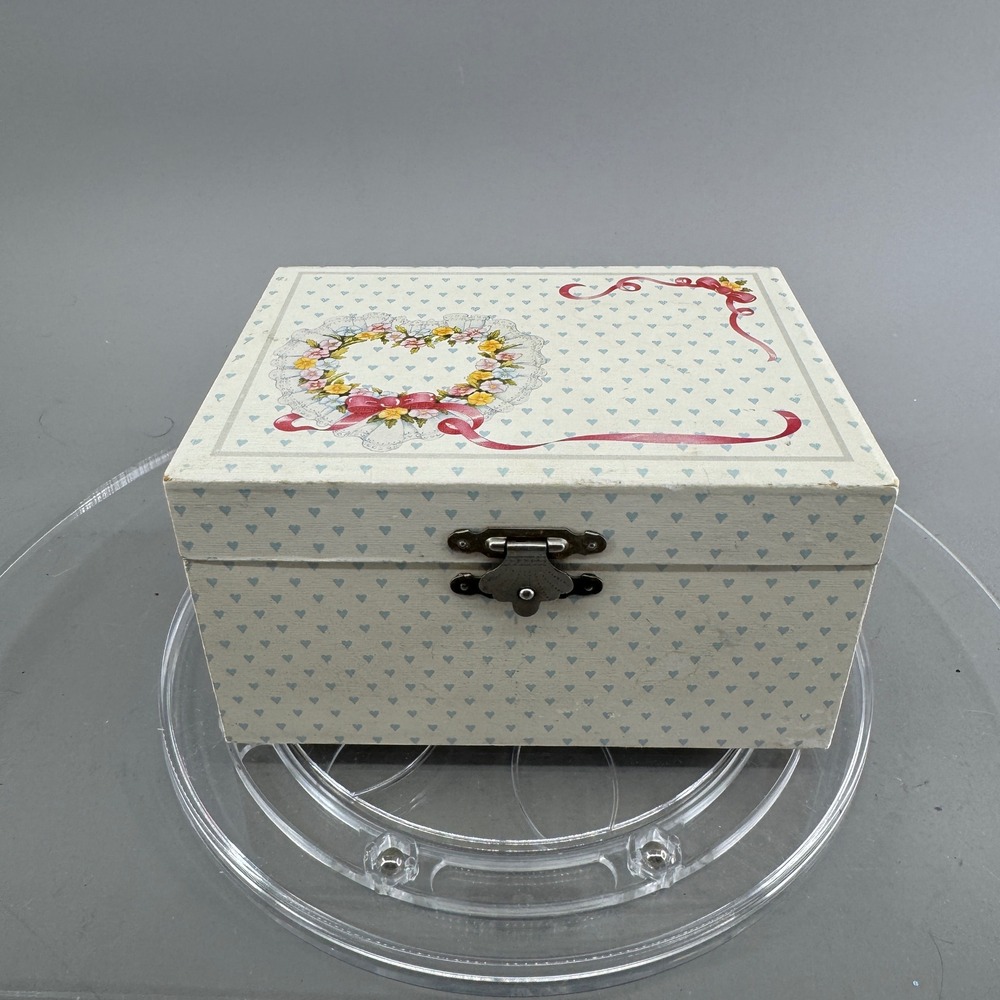 Vintage Ballerina Music Box Heart Floral Wreath Wind Up Jewelry Box White Pink